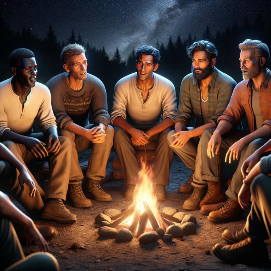 Gents sitting around a campfire