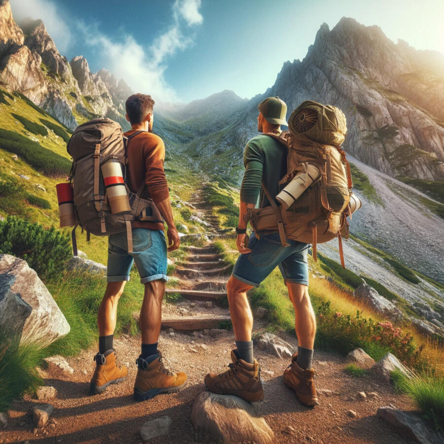 Two guys preparing to hike up a mountain